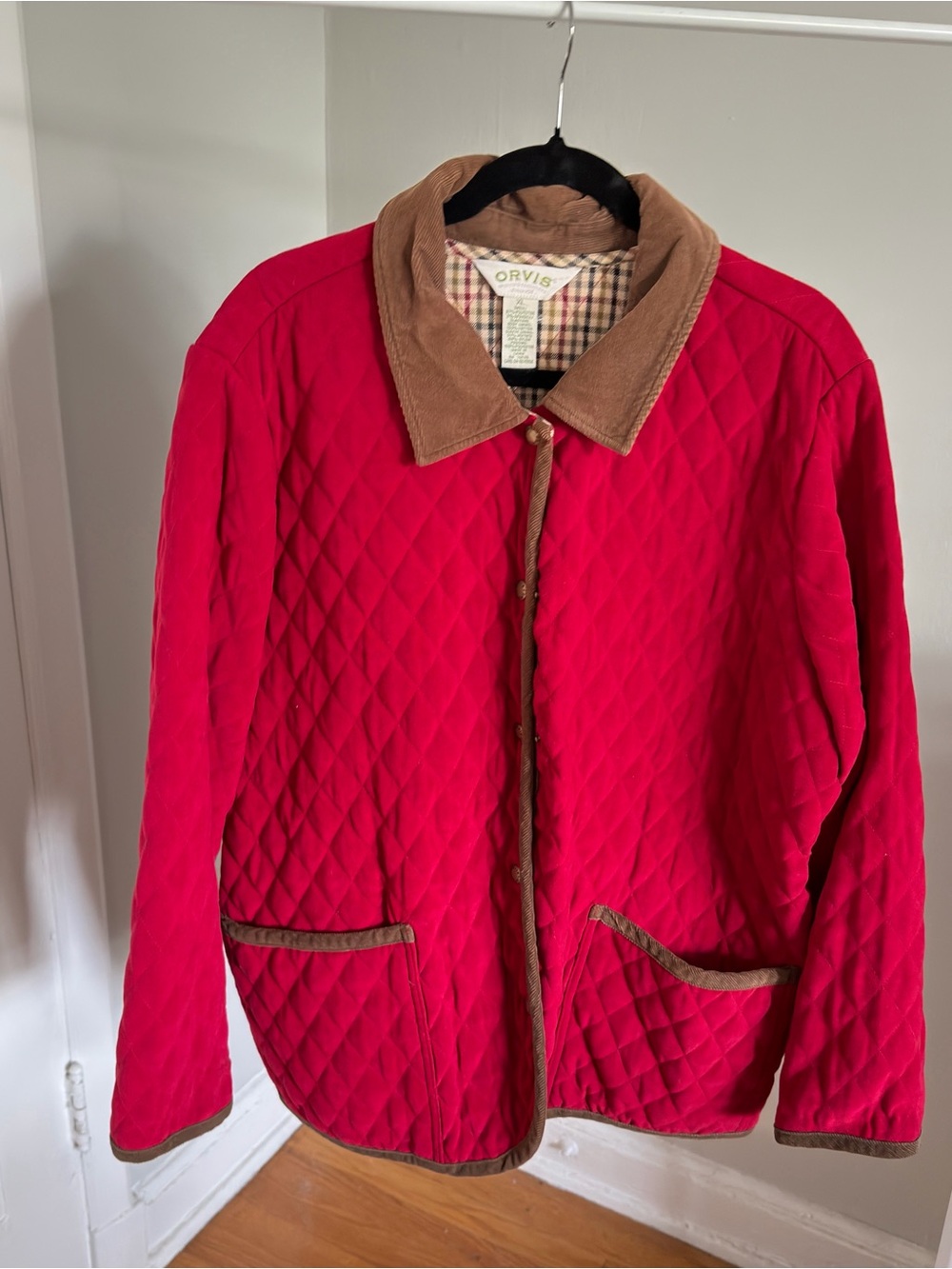 Orvis Quilted Red Utility Jacket with Tan Corduroy Trim